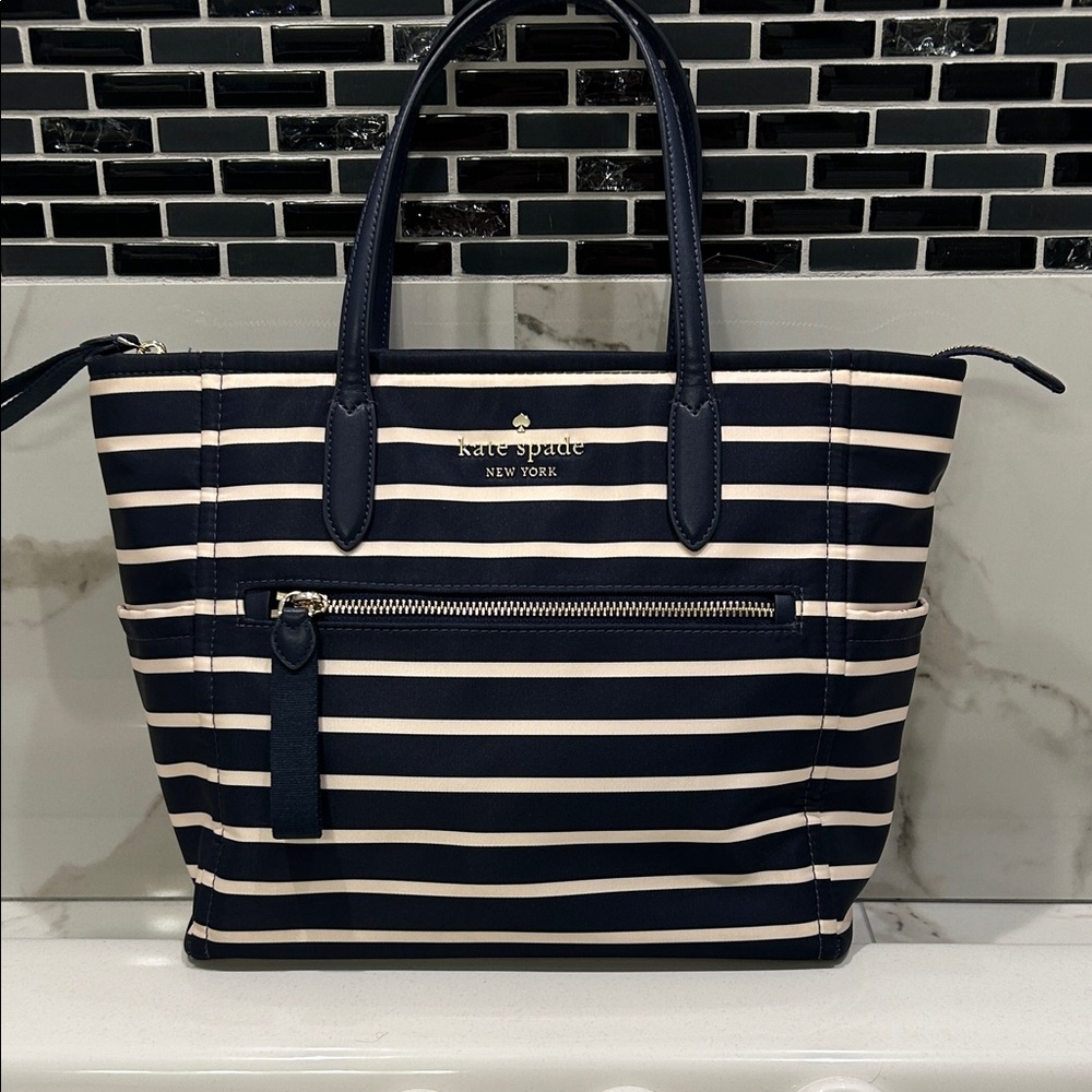 kate spade New York Navy and White Striped Satchel